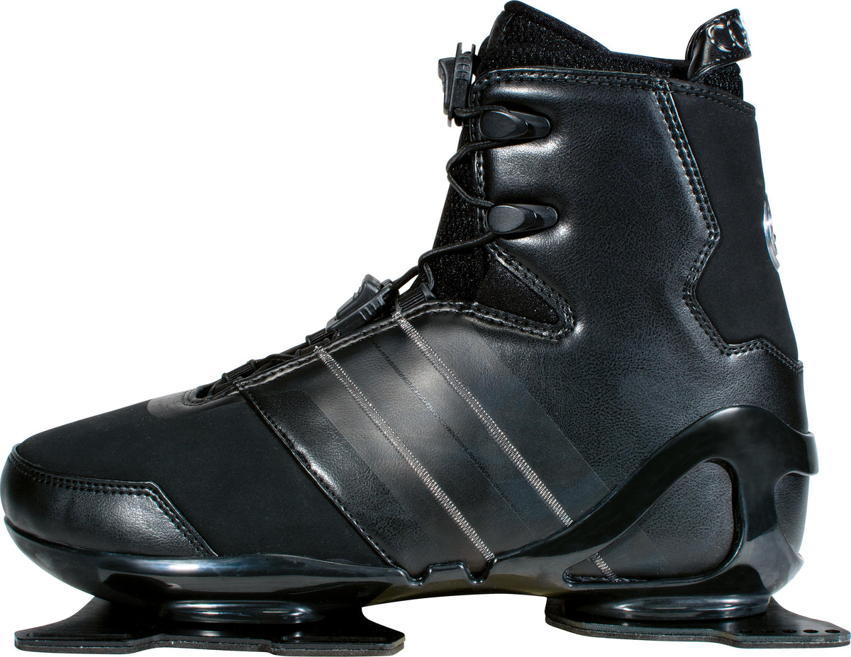 Black Sync Front waterski binding with a streamlined design, matte and glossy accents, and a secure lacing system.