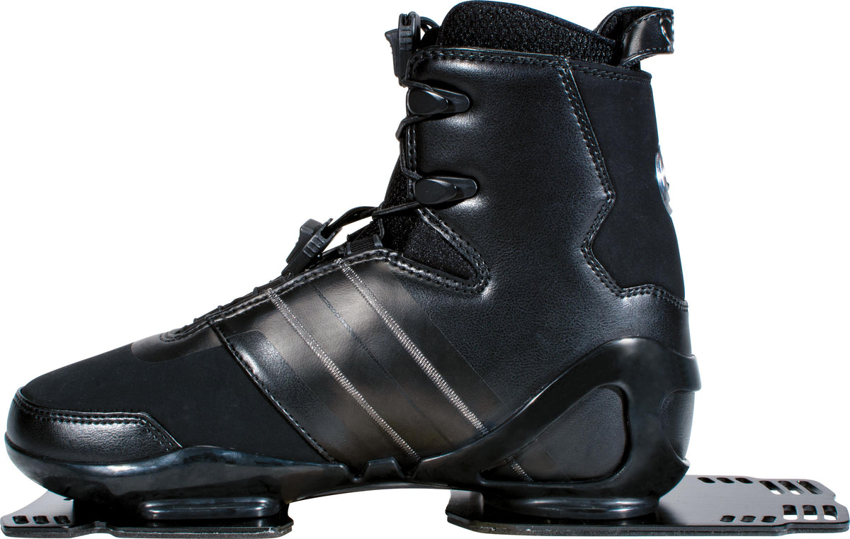 Black Sync Rear waterski binding with a sleek, ergonomic fit, reinforced support structure, and adjustable lacing system.