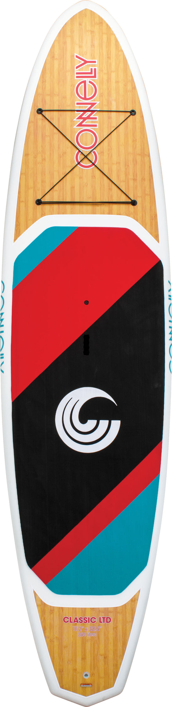 Top view of the Classic LTD stand-up paddleboard with a woodgrain finish, bold red and black accents, and deck bungee cords.