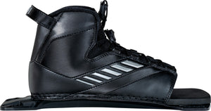 Right-side view of the 2024 Shadow Rear binding, featuring a black synthetic upper with silver accents and an open-toe design.