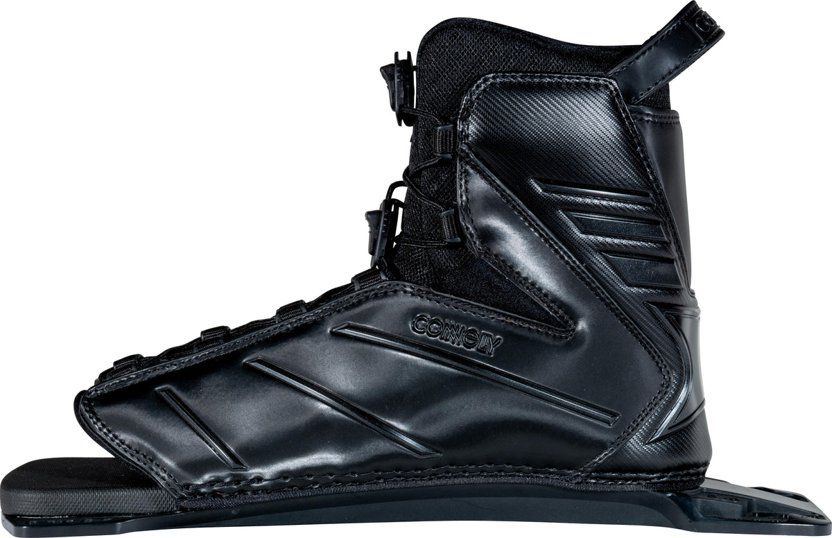 Side view of the Connelly 2024 Tempest rear binding, featuring a black finish with angular support ridges.