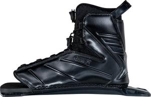 Side view of the Connelly 2024 Tempest rear binding, featuring a black finish with angular support ridges.