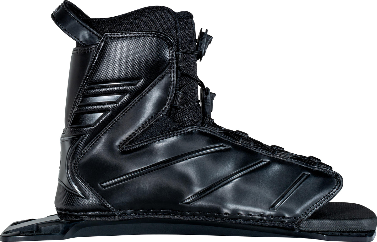 Right-side view of the Connelly 2024 Tempest rear binding, showcasing a sleek black design with reinforced structure.