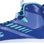 Left-side view of 2024 Women's Shadow Rear binding in blue with teal accents, lace-up system, and open-toe design.