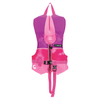 Side-by-side infant life vests in orange/yellow and pink/purple, featuring zippers, buckle straps, and head support panels.