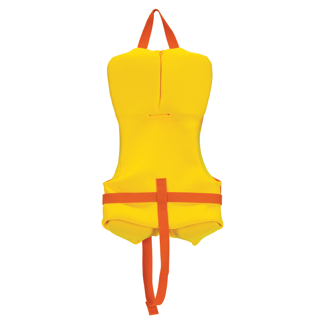 Back view of the Infant Classic Neo in orange and yellow showing a soft head support panel and adjustable strap.