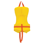 Back view of the Infant Classic Neo in orange and yellow showing a soft head support panel and adjustable strap.
