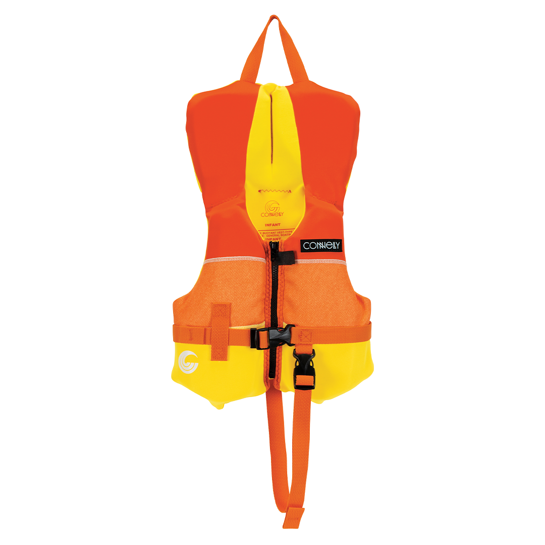 Front view of the Infant Classic Neo in orange and yellow with front zipper, adjustable straps, and head support panel.