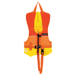 Front view of the Infant Classic Neo in orange and yellow with front zipper, adjustable straps, and head support panel.