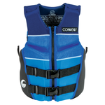 Front view of Junior Classic Neo life vest in dark blue with a zippered front, two black buckle straps, and a comfortable fit.