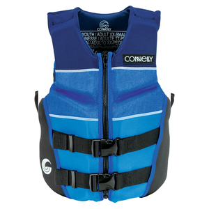 Front view of Junior Classic Neo life vest in dark blue with a zippered front, two black buckle straps, and a comfortable fit.