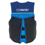 Back view of Junior Classic Neo life vest with a navy and black design, white logo, and flexible back panels for mobility.