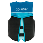 Back view of Junior Classic Neo life vest with a blue and black design, white logo, and segmented panels.