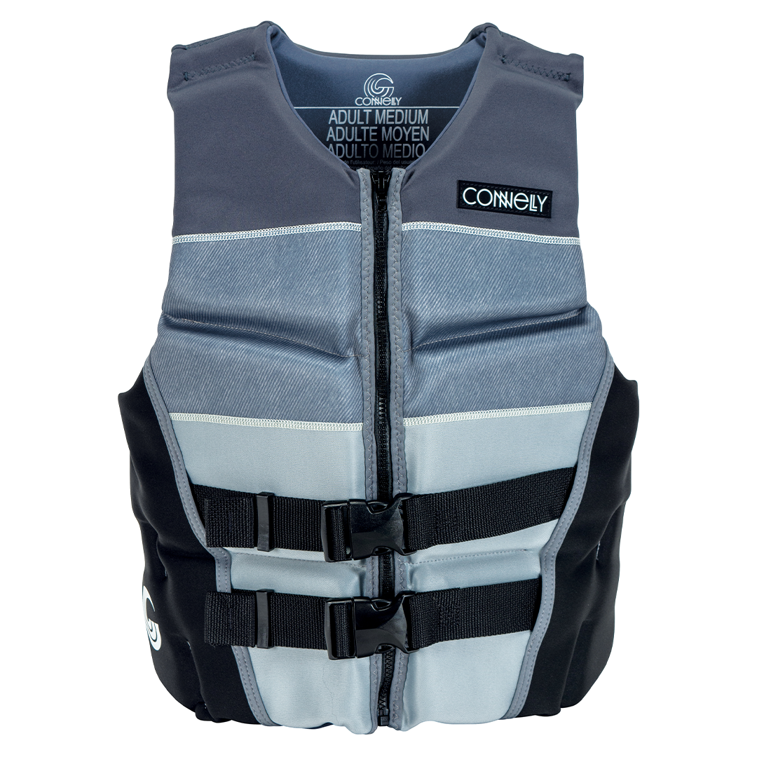 Front view of the Men's Classic Neo life vest in blue and black with a zipper, dual buckles, and a logo patch.