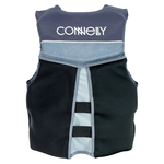 Back view of the Men's Classic Neo life vest in blue and black, featuring a large logo, segmented padding, and a tapered fit.