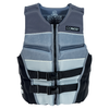 Front view of the Men's Classic Neo life vest in blue and black with a zipper, dual buckles, and a logo patch.