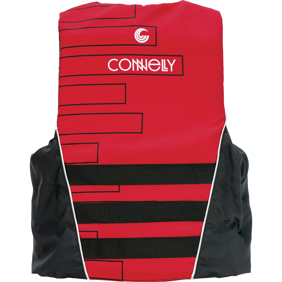 Back view of the Promo Nylon life vest, showing the red panel with black straps and the Connelly logo.