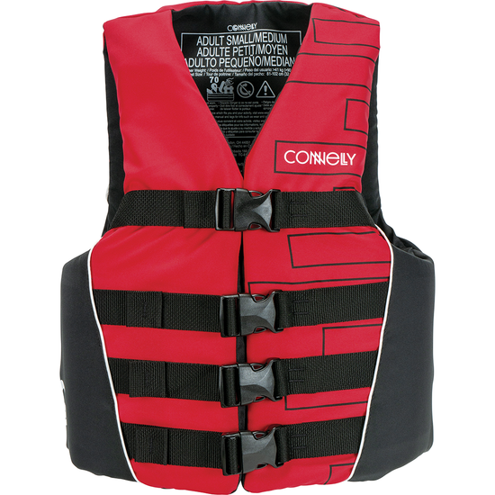 Front view of the Promo Nylon life vest, featuring a red and black design with four black buckles and white piping.