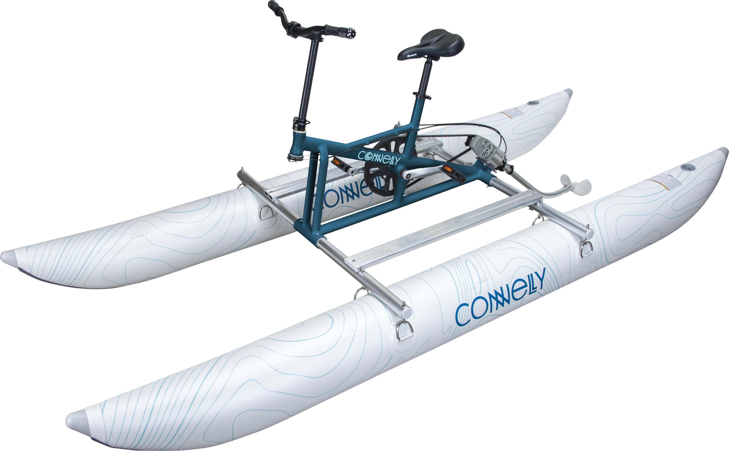 Angled view of the Sprinter Pedal Pontoon with a teal frame, black seat, and white inflatable pontoons with contour graphics.