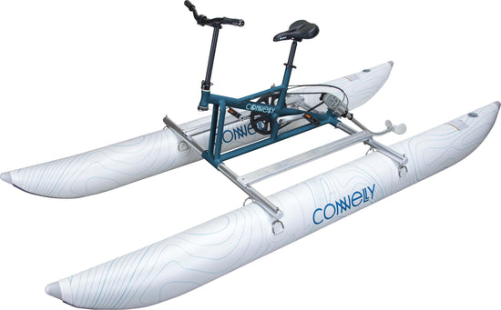 Angled view of the Sprinter Pedal Pontoon with a teal frame, black seat, and white inflatable pontoons with contour graphics.