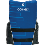 Back of the blue Teen Tunnel Nylon life vest showcasing a geometric design, black straps, and a white logo.