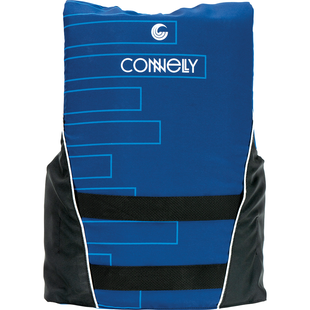 Back of the blue Teen Tunnel Nylon life vest showcasing a geometric design, black straps, and a white logo.
