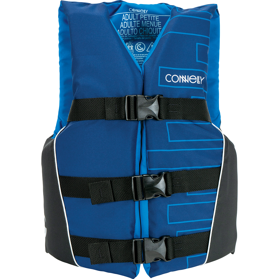 Blue Teen Tunnel Nylon life vest with black adjustable straps, a front zipper, and subtle geometric patterns.