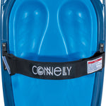 Top view of the THEORY kneeboard featuring a blue contoured pad, black strap with logo, and a swirling wave graphic design.