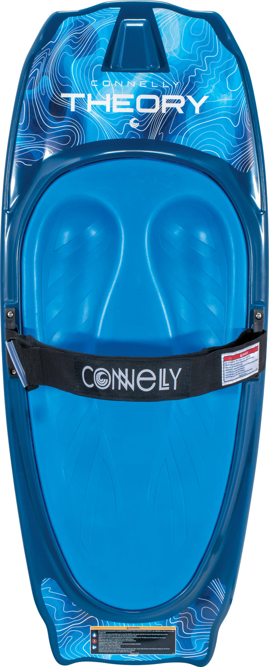 Top view of the THEORY kneeboard featuring a blue contoured pad, black strap with logo, and a swirling wave graphic design.