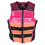 Front view of the Women's Classic Neo, a pink, orange, and black life vest with a front zipper and two black buckle straps.