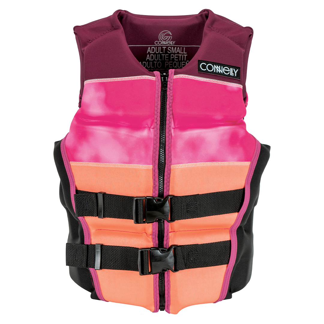 Front view of the Women's Classic Neo, a pink, orange, and black life vest with a front zipper and two black buckle straps.