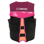 Back view of the Women's Classic Neo, with a maroon upper section, pink accents, and an orange-striped back panel.