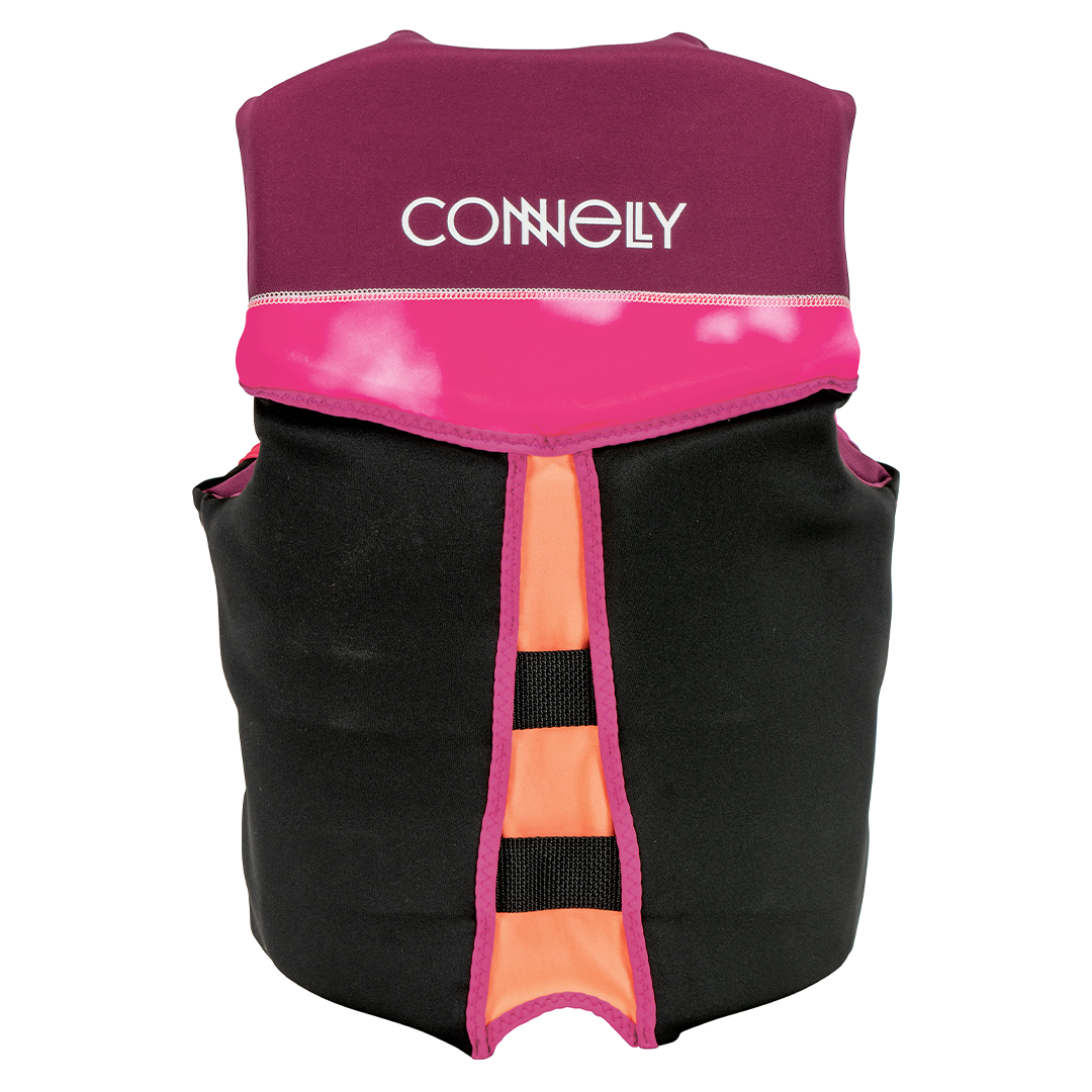 Back view of the Women's Classic Neo, with a maroon upper section, pink accents, and an orange-striped back panel.