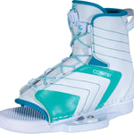 Left-angled view of the Women's Optima boot displaying its white, teal, and blue color scheme with a lace tightening system.