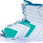 Left outside view of the Women's Optima boot with a white design, teal highlights, lace-up front, and open-toe construction.