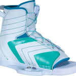 Side view of the Optima wakeboard binding, showcasing a white boot with teal accents, lace-up closure, and open-toe design.