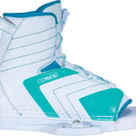 Right outside view of the Women's Optima boot featuring a white base with teal and blue accents, laces, and Connelly branding.