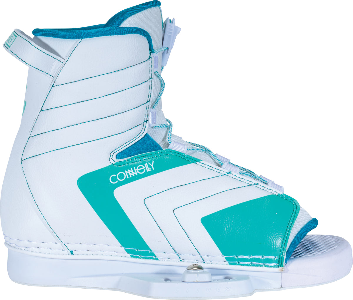 Right outside view of the Women's Optima boot featuring a white base with teal and blue accents, laces, and Connelly branding.