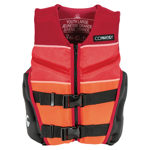 Front view of the Youth Classic Neo vest in red and orange with black buckles and side panels.