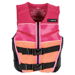 Front view of the Youth Classic Neo vest in pink and orange with black buckles and side panels in large size.