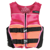 Front view of the Youth Classic Neo vest in pink and orange with black buckles and side panels.