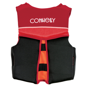 Back view of the Youth Classic Neo vest in red and black with a safety strap at the bottom.