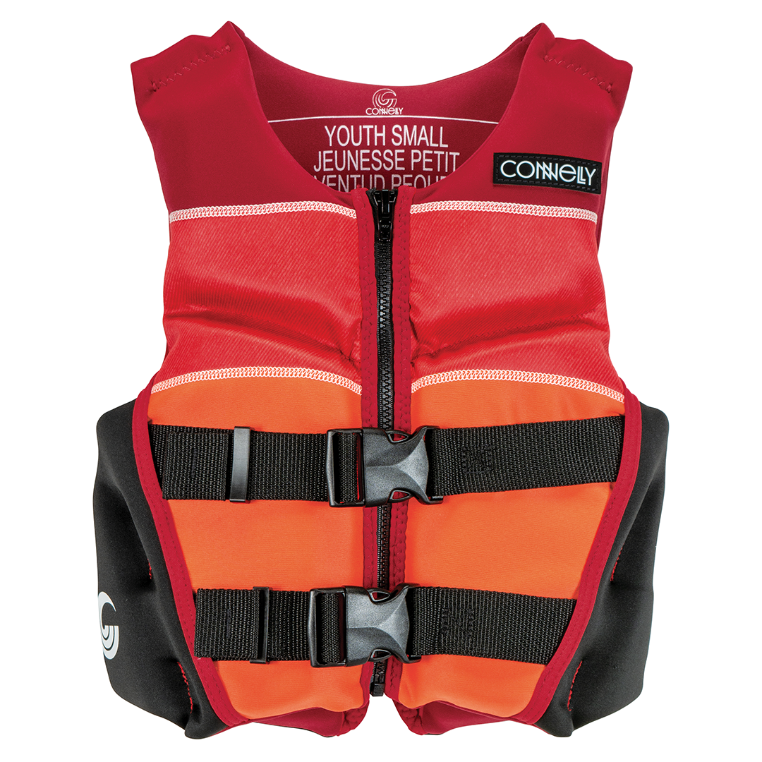 Front view of the Youth Classic Neo vest in red and orange with black buckles and side panels.