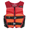Front view of the Youth Classic Neo vest in red and orange with black buckles and side panels.