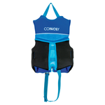 Back view of the Child Classic Neo life vest in blue and black, featuring a grab handle and an adjustable safety strap.