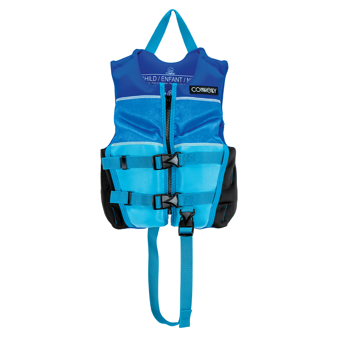 Front view of the Child Classic Neo life vest in blue, featuring a zip closure, two adjustable straps, and black side panels.