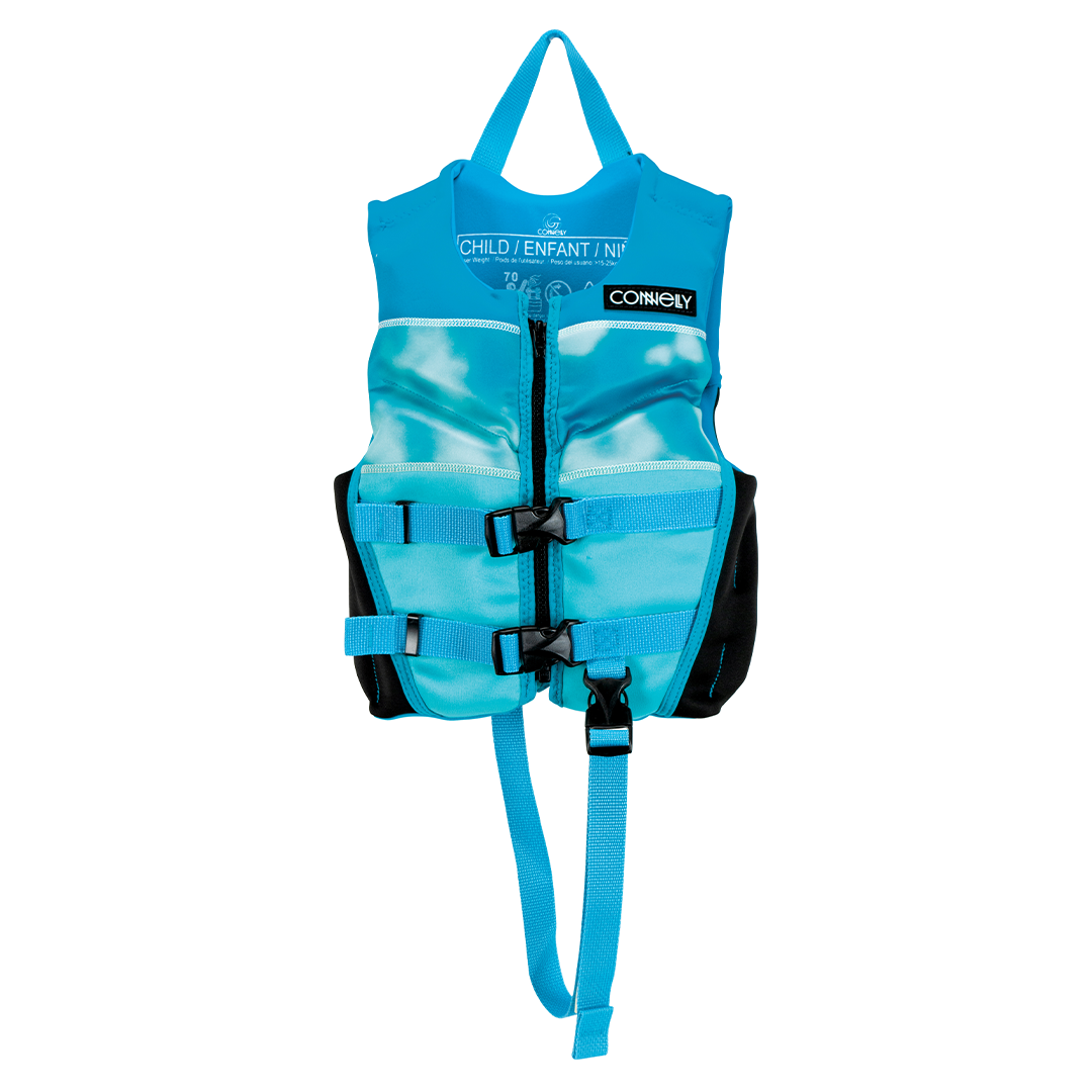 Front view of the Child Classic Neo life vest in light blue, with a zip closure, two buckles, and black side panels.