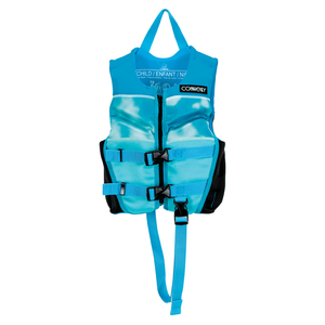 Front view of the Child Classic Neo life vest in light blue, with a zip closure, two buckles, and black side panels.