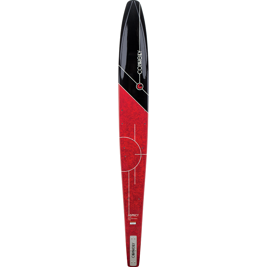 Full-length view of the Connelly Aspect water ski, showing its red and black design with white accents.