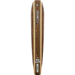 Top view of the Connelly Big Easy ski, showcasing its sleek woodgrain design with black and yellow stripe accents.